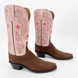 Lucchese Pink Brown Star Embroidered Snip Toe Western Cowgirl Boot size 7.5